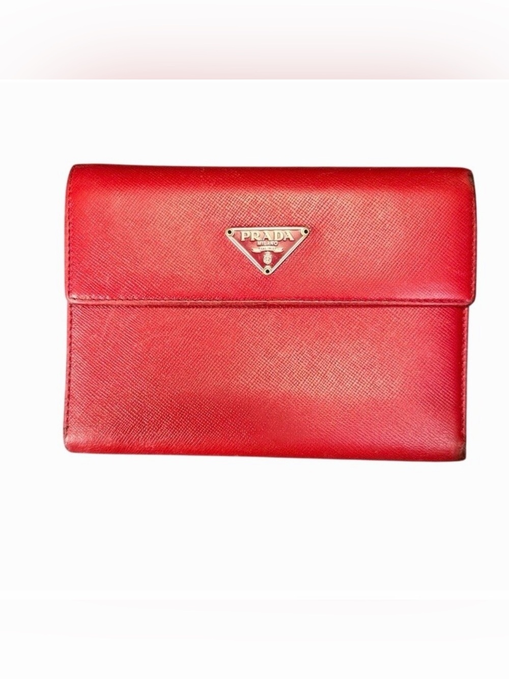 Prada  Red Trifold Saffiano Leather Wallet Snap Closure Silver Logo COA
